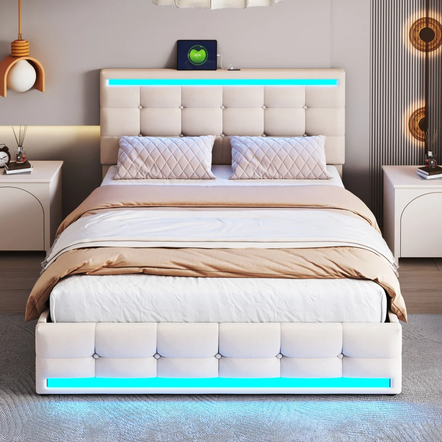 140 * 200 minkštų LED lovos rėmu, su 4 stalčiais ir 2 USB įkrovimo stotys, pagalvėlė su LED žibintai, su saugojimo vietos