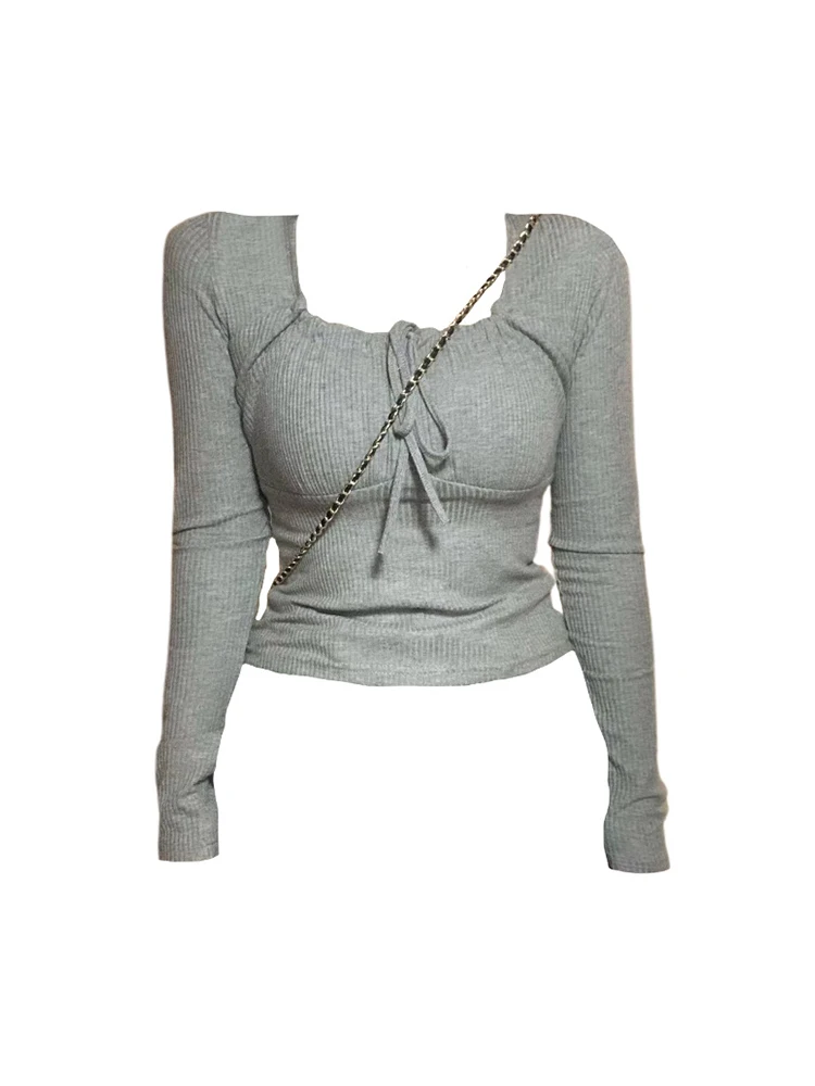 2000-ųjų Derliaus Vientisų Spalvų Dizainas Moterys Slim Tee Aikštėje Apykakle ilgomis Rankovėmis Drabužius Karšto Merginos Liesas T-shirt Raišteliu Kaklaraištis Iki
