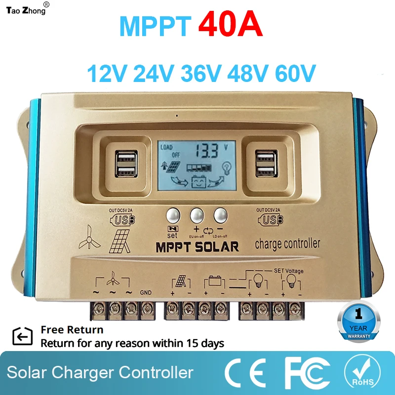 40A Vėjo Solar Hybrid MPPT Valdiklis LCD Dual USB 12V 24V 36V 48V 60V Baterijos Įkrovimo Reguliatorius