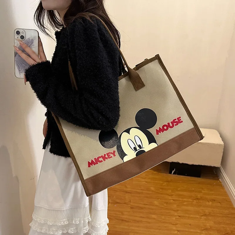 Disney Mickey Mouse Animacinių filmų Drobės Pečių Maišą Moterų 2024 Naujas Mielas Pirkinių Krepšys Nešti Maišą 40x31x18cm