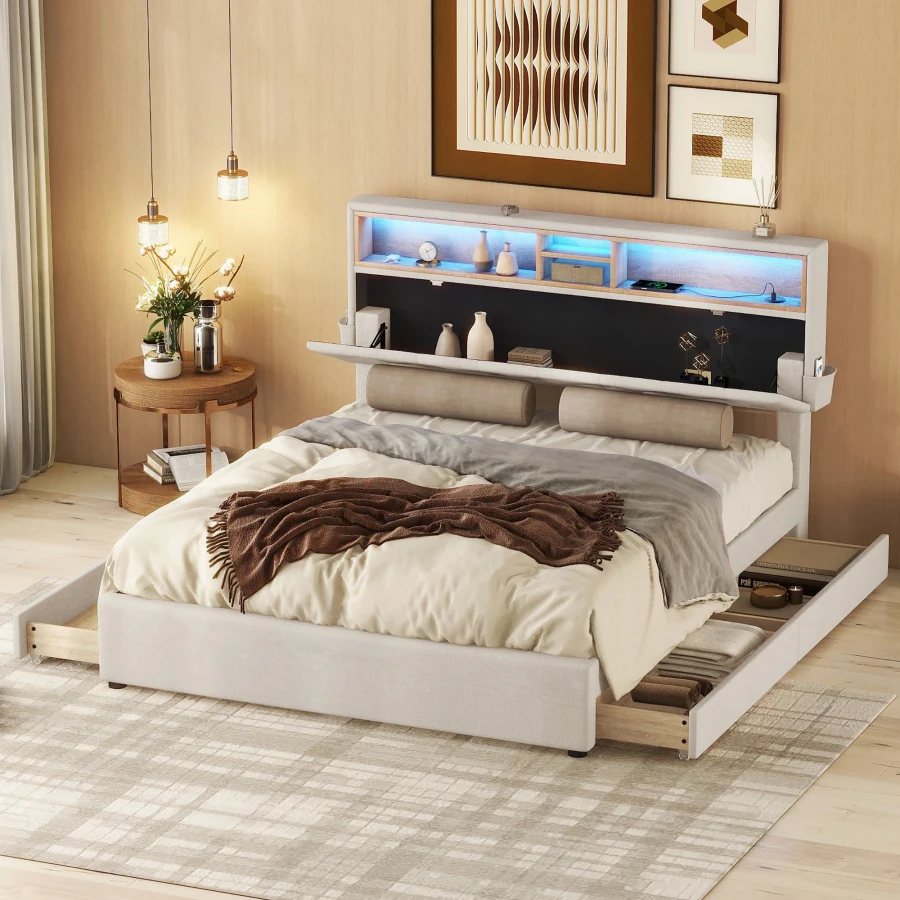Dvigulė lova, minkšti baldai, lova,su USB įkrovimo ir LED apšvietimas, funkcinės lovos su keturiais stalčiais, reguliuojamas galvūgalio, smėlio spalvos