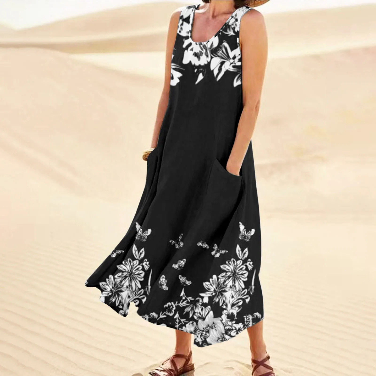 Gėlių Spausdinti Maxi Suknelė Moterims Vasaros Atsitiktinis Palaidų Bakas Ilgos Suknelės Bohemijos Kišenės Paplūdimio Sundress Moterų Medvilnės Suknelė