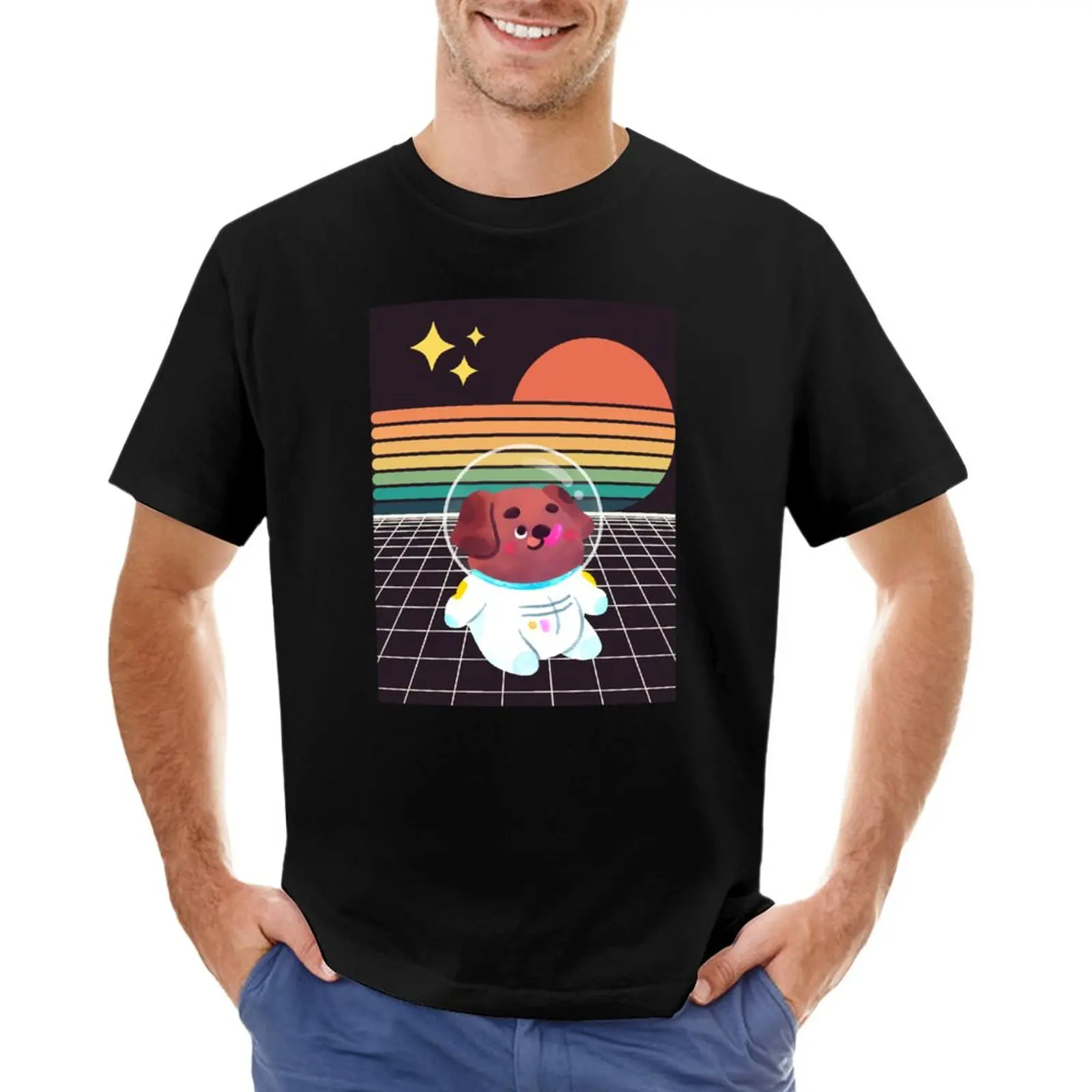Juoda ir Oranžinė Retro Šuo Astronautas Spalvinga T-Shirt juoda, t shirts dizaineris marškinėliai vyrams
