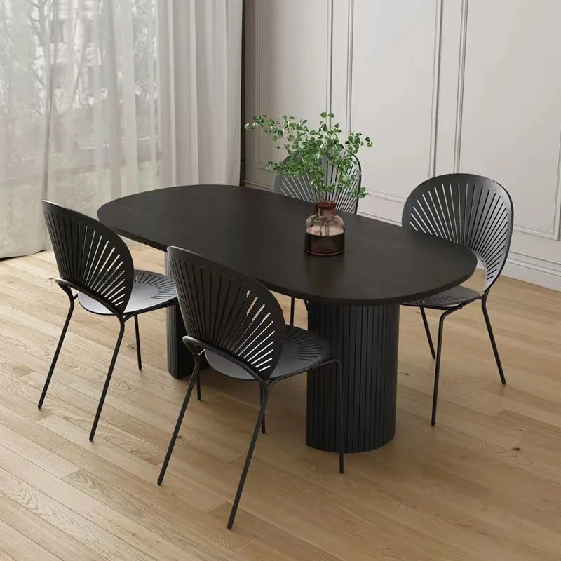 Juoda medžio masyvo valgomojo stalas, buitinė šviesos prabangūs modernios paprastos lentelės, marmuro stalas ovalo formos nedidelio namo tipas