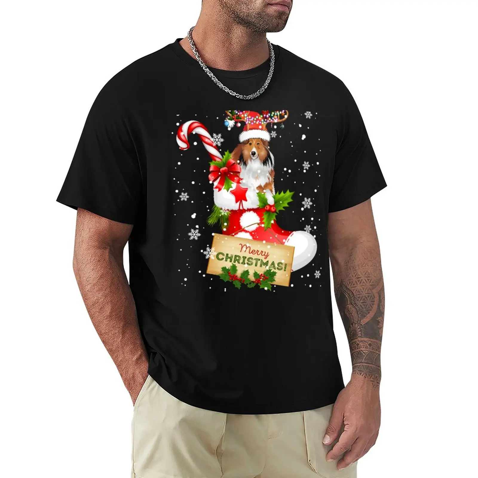 Linksmų Kalėdų, Kalėdų Žiburiai Kalėdų Elnių Sheltie Į Kojinių T-Shirt negabaritinių t juokingi marškinėliai t shirt mens drabužiai