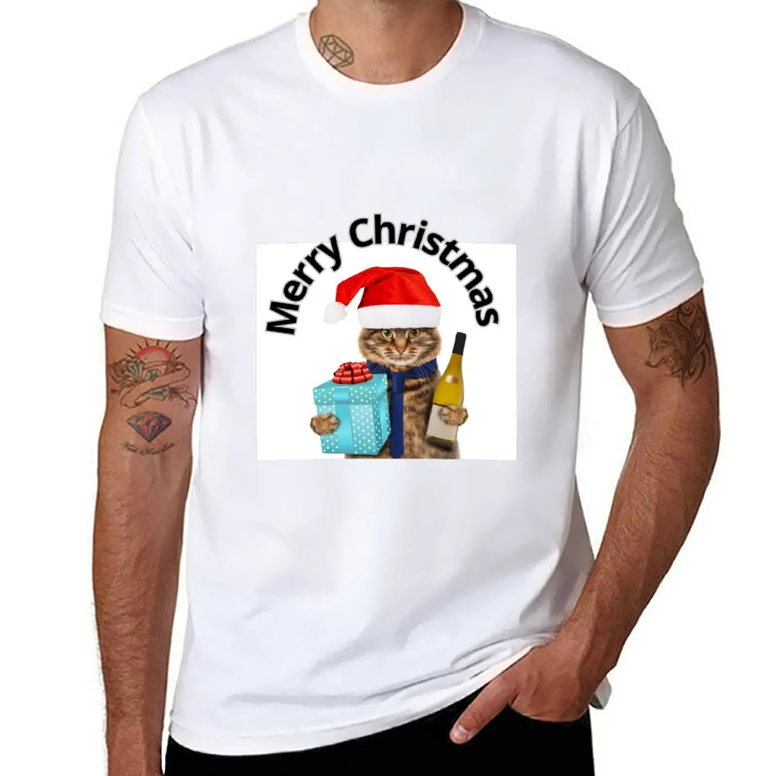 Linksmų Kalėdų Katė Su Dovana ir Vyno T-Shirt marškinėliai vyras naujos redakcijos marškinėliai estetinės drabužius mens juokinga t shirts