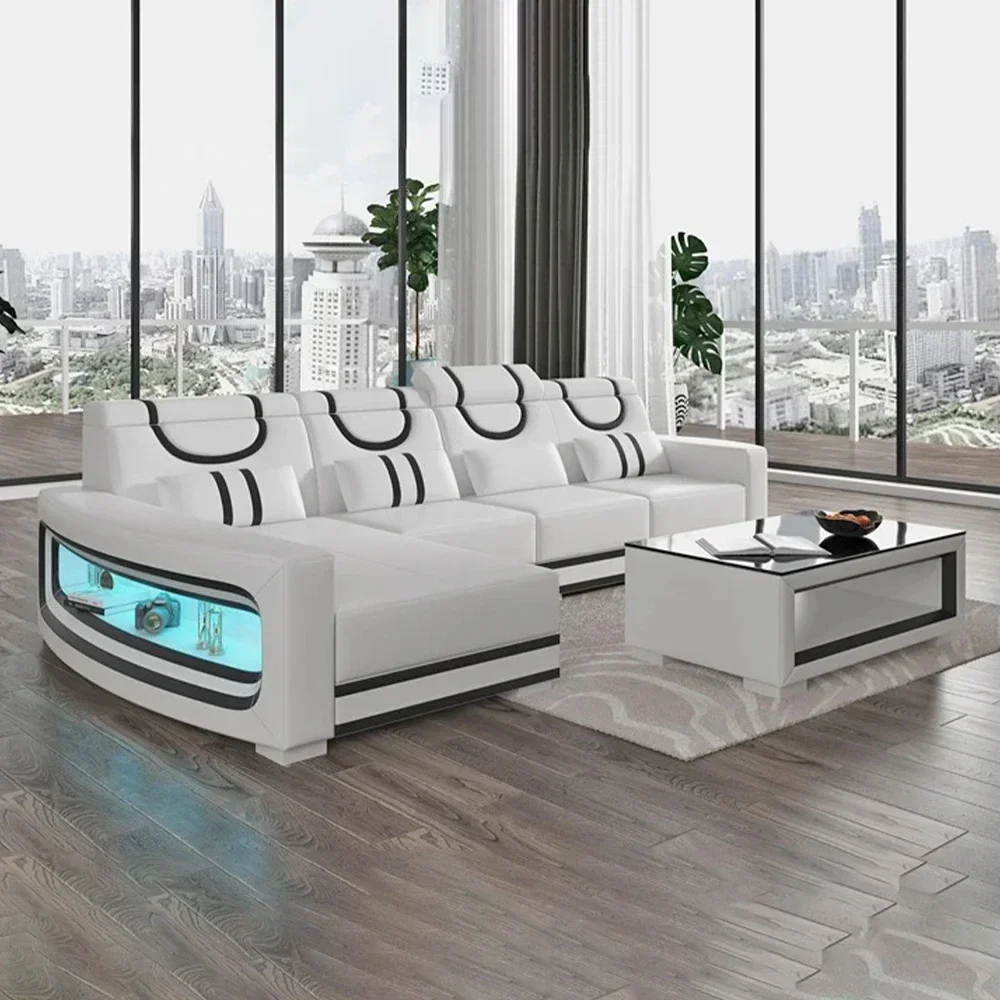 Mejora tu sala de estar con MINGDIBAO sofá italiano de cuero genuino, combinación de 2 colores, luz y LED cojines suaves