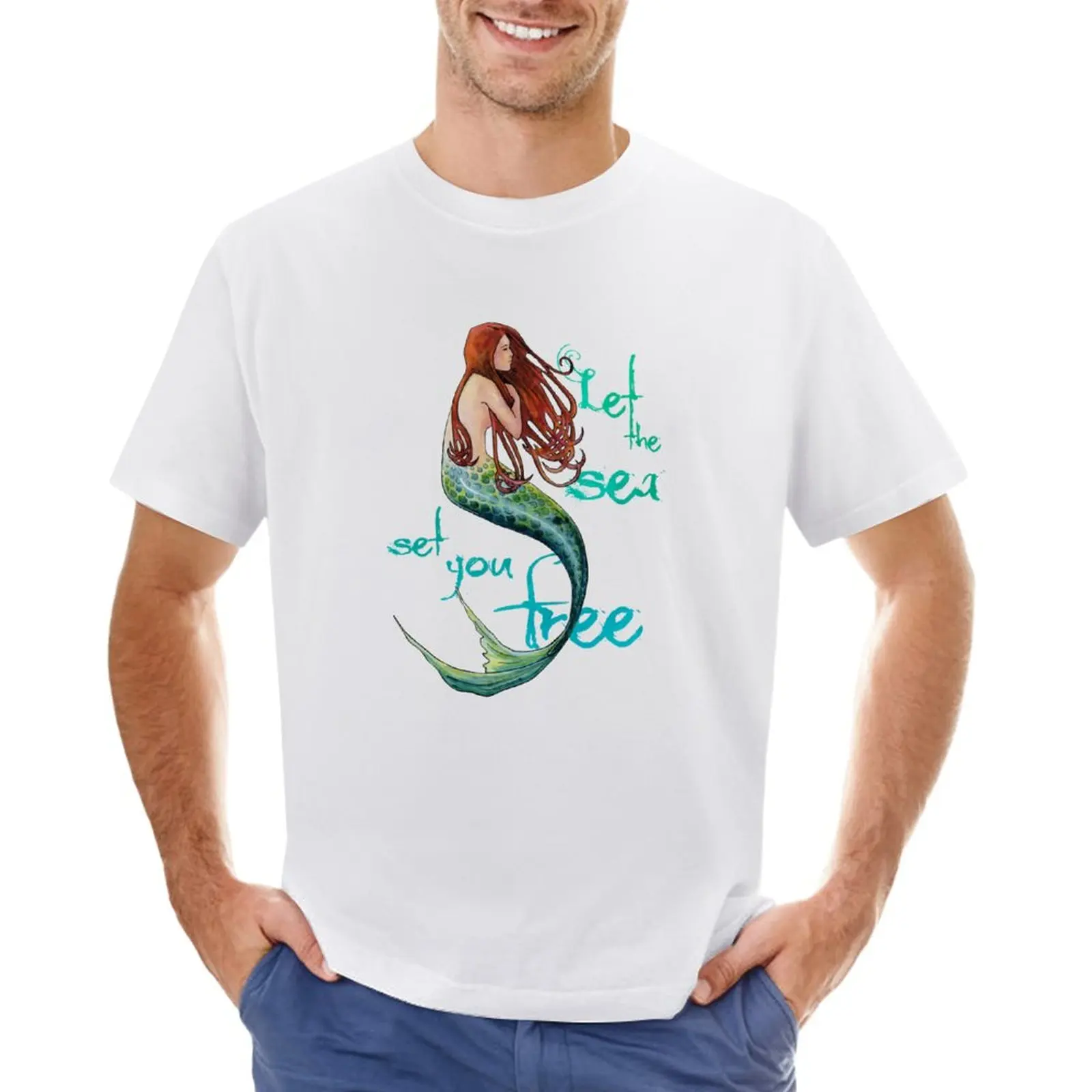 Mermaid: Tegul jūra padarys jus laisvus Marškinėlius mielas viršūnes vintage drabužiai, vyriški drabužiai