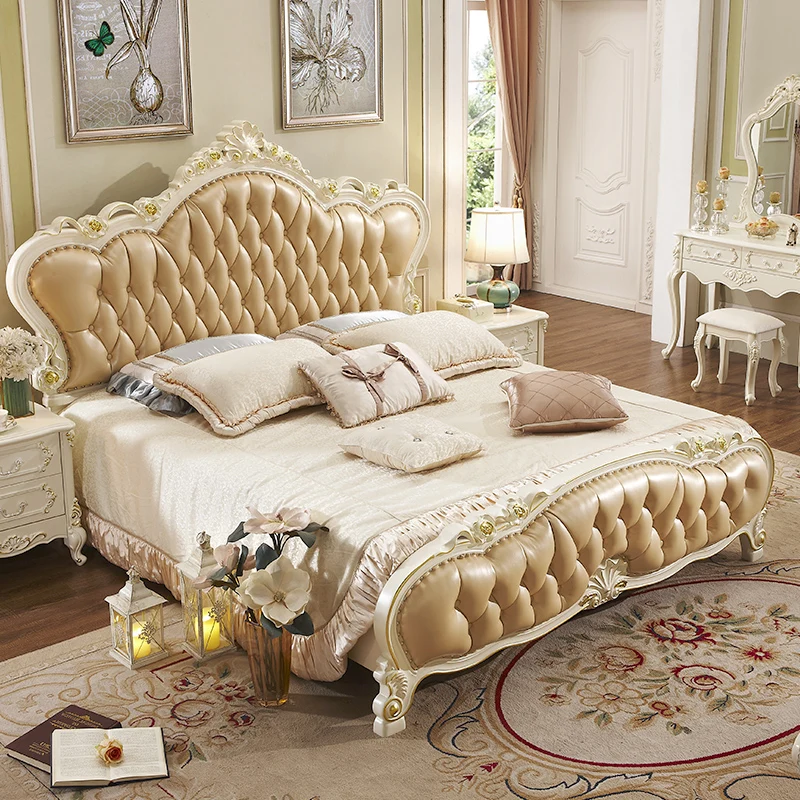 Modernių namų miegamajame Europos stiliaus natūralios odos medžio masyvo išdrožtos lova, 1.8 metrų double king lova