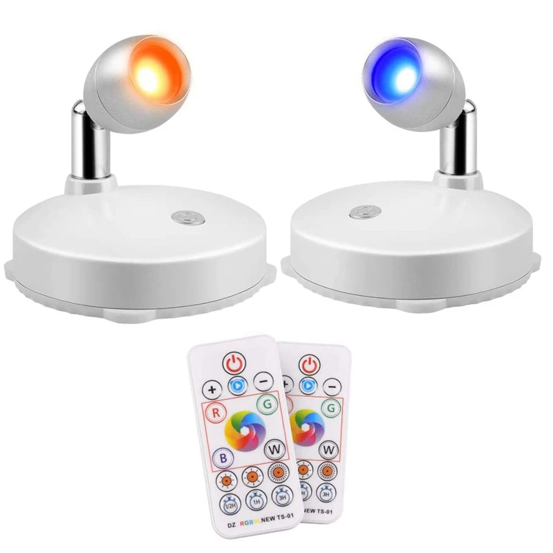 RGB Belaidės LED Prožektoriai, šviesos srautą galima reguliuoti Uplight Su Nuotoliniu valdymu, Patalpų Mini Puck Šviesos,4000K Balta,Su Sukiojamomis Galvos, 2 Pak