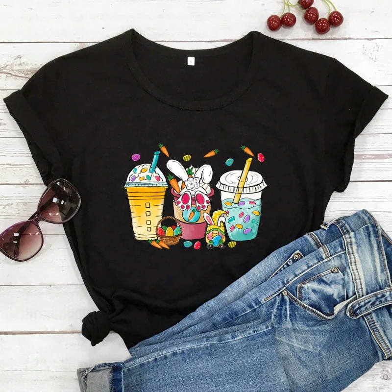 Spalvingi Velykų Zuikis Kofeino T-shirt Velykų Kavos Marškinėliai Cute Bunny Tees Moterų Madinga Atsitiktinis medvilnės 90s estetinės viršūnės