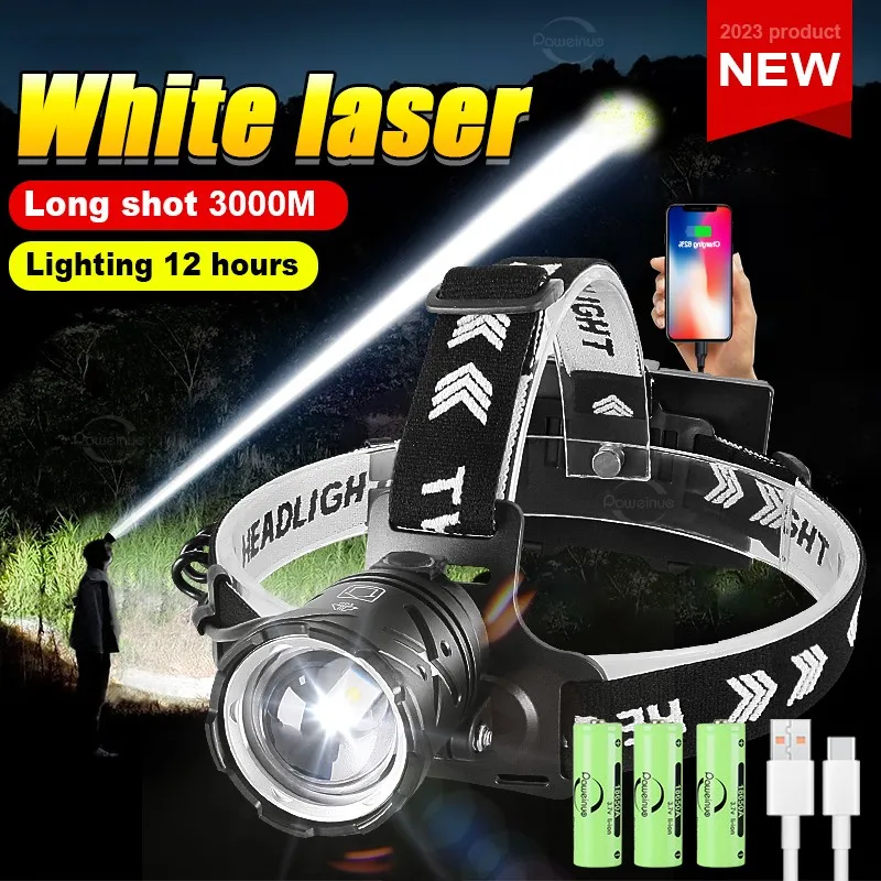 Super Galingas Balti Lazeriniai Žibintai High Power LED priekinis žibintas Įkraunamas Galvos Žibintuvėlis Žibintų 3000 Mters Žvejybos Žibintai