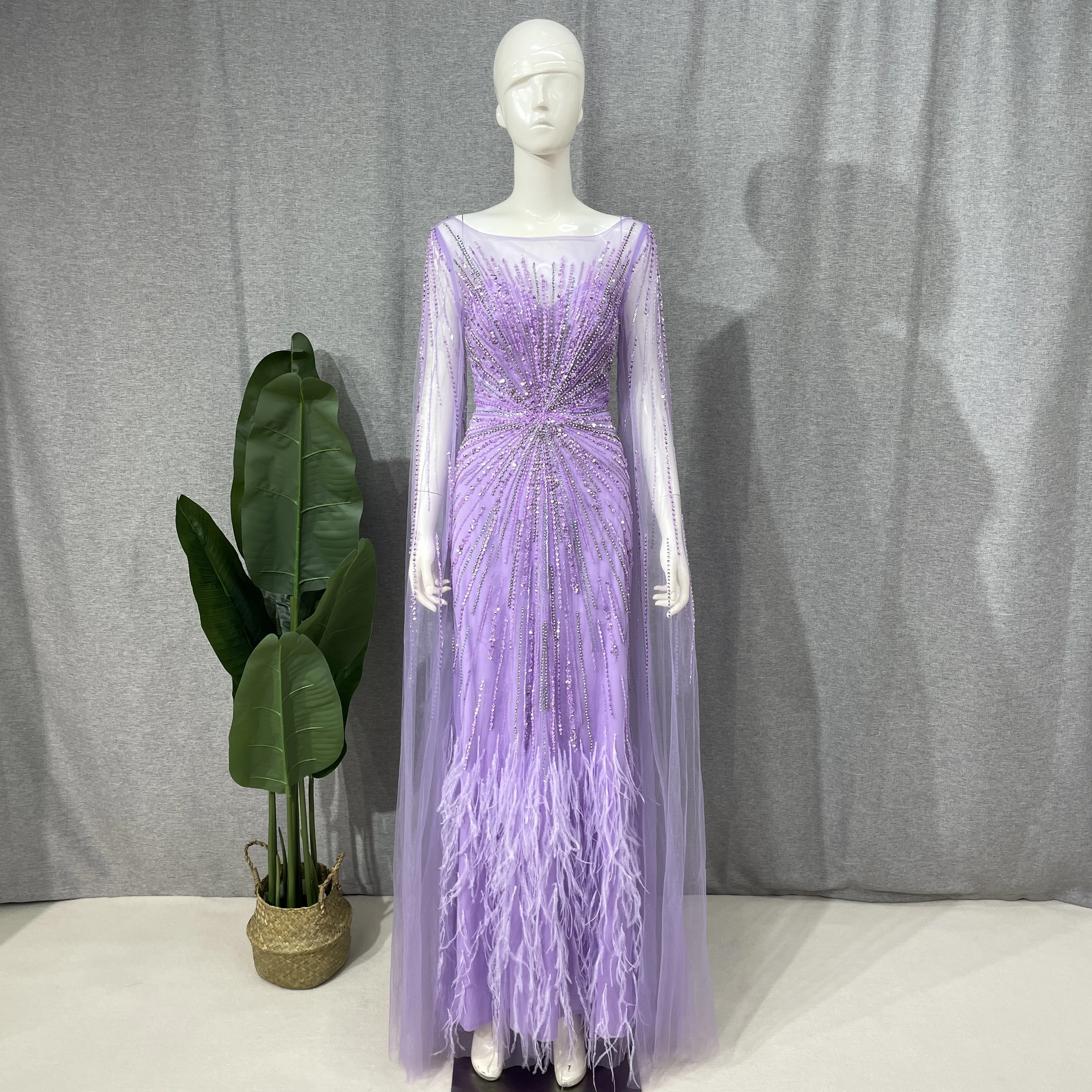 Ume Prabanga Dubajus Alyvinė Plunksnos Vakaro Suknelės su Žaliuoju Rankovėmis 2023 arabų Ilgai Moterų Vestuves Prom Dress