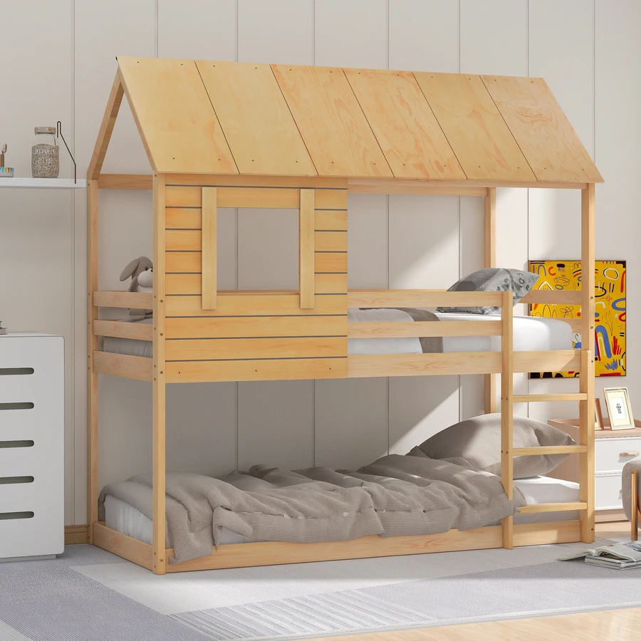 Vaikų lovos medinės dviaukštės lovos 90 X 200 cm, vaikų namai lova su stogo, kopėčių ir grotelinių rėmas ąžuolo spalvos
