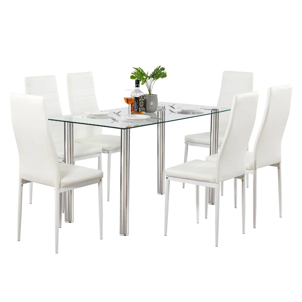 Valgomasis Stalas Nustatyti Paprastas Skaidrus Stiklas&Geležies Vakarienės Stalo, + 6pcs Elegantiškas Išpardavimas Tekstūros Aukštas Atlošas, Valgomojo Kėdės Balta